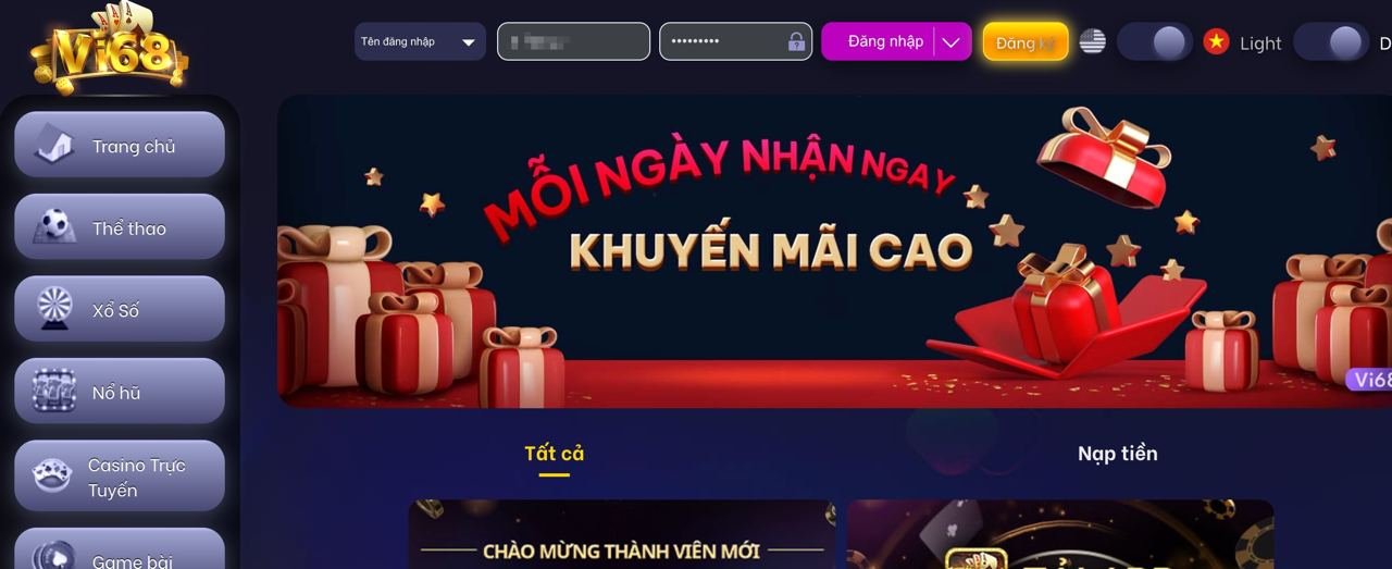 Giao diện trang chủ Vi68 uy tín